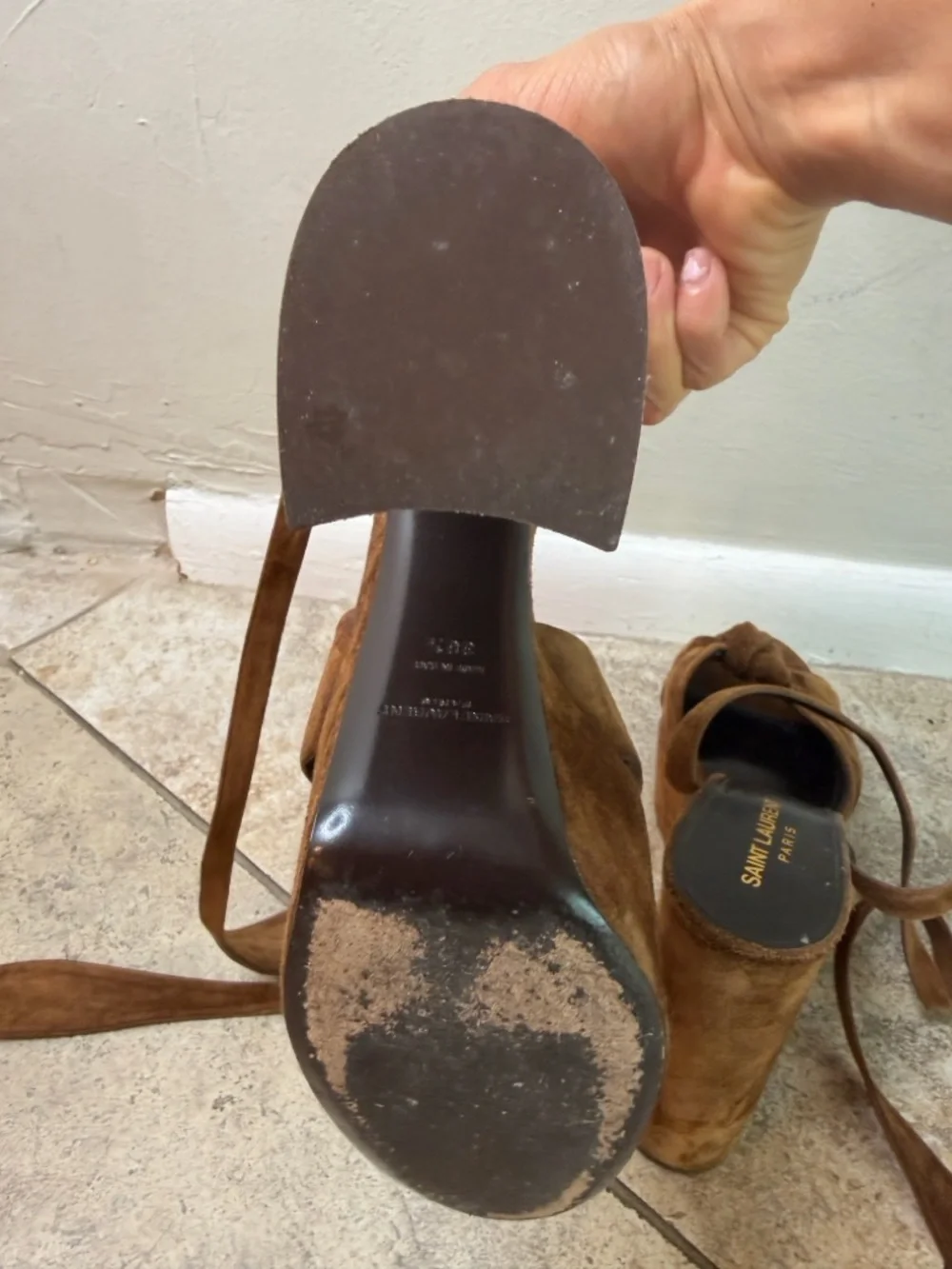 Saint Laurent Brown Suede Platform Sandals with Ankle Ties - Picture 2 of 5
